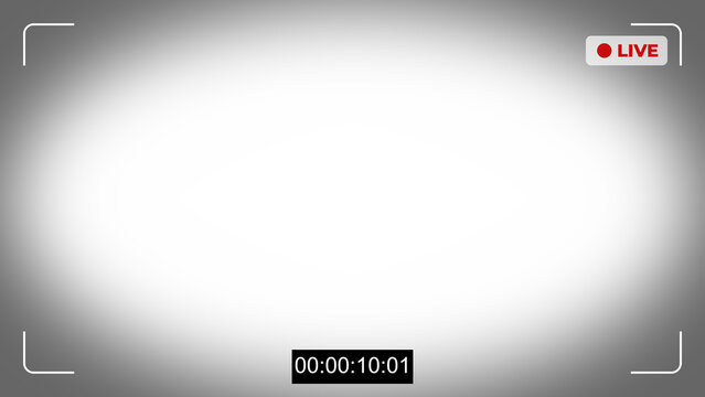 Modern camera viewfinder screen overlay with live recording indicator, timecode, and focus marks. Digital interface for video streaming, broadcast, or surveillance. Vector illustration.