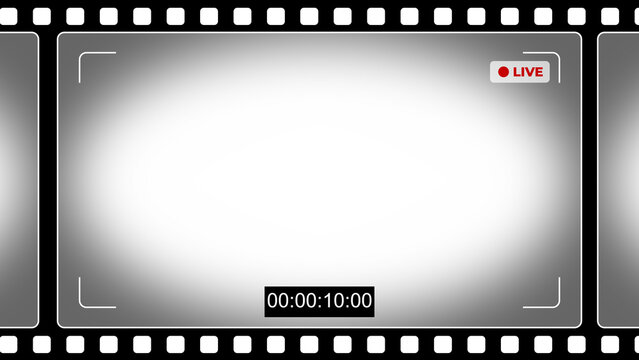 Camera viewfinder screen overlay on a classic film strip background. Features a live recording indicator, timecode, and frame markings. Concept for filmmaking, cinema, and live streaming video.