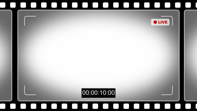Camera viewfinder screen overlay on a classic film strip background. Features a live recording indicator, timecode, and frame markings. Concept for filmmaking, cinema, and live streaming video.