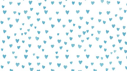 Seamless pattern with simple blue hand drawn hearts scattered on a white background, creating a romantic and charming design for various applications