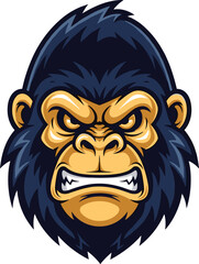 Fierce gorilla head mascot, aggressive sports logo, cartoon animal emblem, flat vector illustration, cad drawing, silhouette art, power symbol