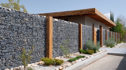 Stone filled gabion wall protecting residential building, wooden roofed, bordered by landscaped pathway with surrounding greenery