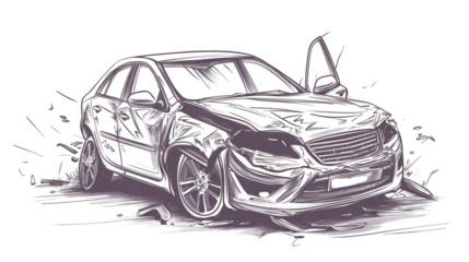 Sketch of a car crash. Damaged vehicle in a crash with broken parts and door open. Isolated on transparent background, png