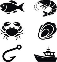 Fishing and seafood icons featuring fish, shrimp, crab, mussel, fishing hook, and boat for fishing, seafood industry, ocean, and marine themes.