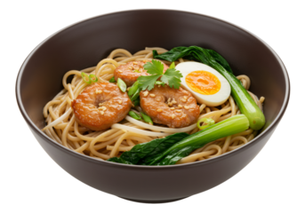 茶色のボウルに入ったラーメン料理 茶色の麺と揚げた豚肉 半分にカットされたゆで卵と緑色の野菜 透明背景