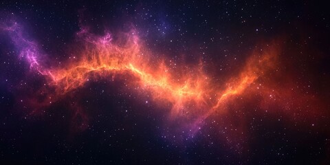 Fototapeta premium Surreal dark space layered with a glowing orange and purple nebula, stars shining through