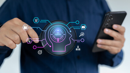 Business hand using smartphone with AI agents hologram, human head, and workflow automation icons, concept of artificial intelligence, business technology, data analysis, and digital transformation.