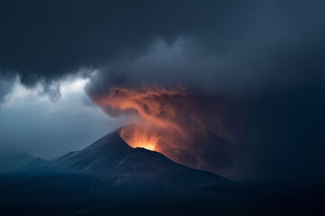Fototapeta premium Approaching an active volcano with erupting lava and dark clouds at dusk near a mountainous landscape