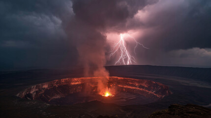 Volcanic eruption with lightning and swirling clouds over an active volcano in Hawaii during a stormy evening