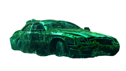 Green overgrown abandoned car. Vehicle covered in moss and plants, symbolizing nature reclaiming urban spaces.  Isolated on transparent background, png