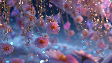 A picture of a cherry blossom tree with the sun shining through the water
