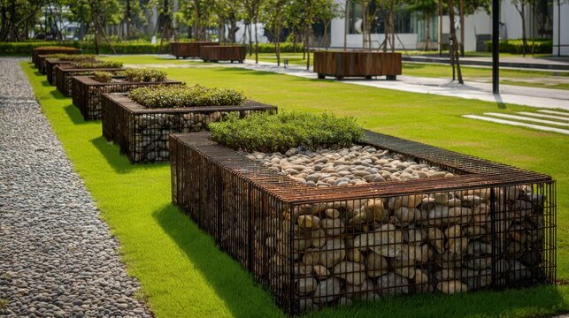 Weathered metal gabion planters housing stones and lush greenery accentuating contemporary urban park landscape with industrial inspired design elements