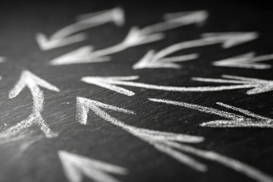 Close-up of chalk arrows radiating outward on a dark surface - Powered by Adobe