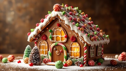 A festive gingerbread house adorned with colorful candies and icing, surrounded by snow-like sugar for a whimsical holiday scene.