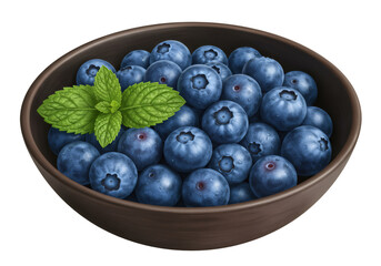 透明な背景に茶色のボウルに入ったブルーベリーとミントの葉のクローズアップ