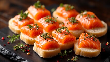 Delicious salmon slices on toasted bread garnished with herbs, arranged beautifully on a dark slate platter.