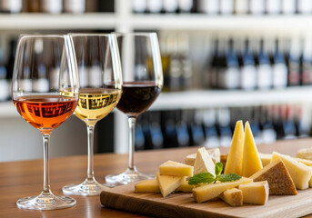 Three glasses of wine and cheese platter with blurred background