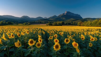 Fototapeta premium Sunflower field at sunrise, mountains in the distance