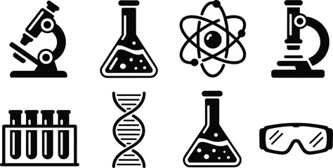Science and laboratory icons set including microscope, test tube, DNA helix, chemical flask, atom symbol, safety goggles, research equipment.