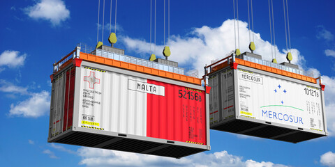 Shipping containers with flags of Malta and Mercosur