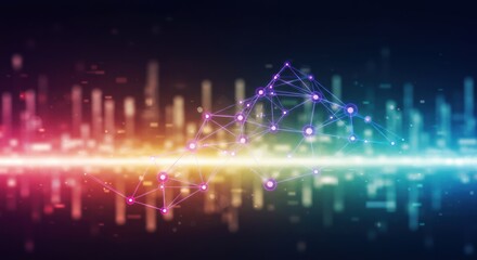 Abstract colorful digital audio spectrum visualization with network connections on dark background.