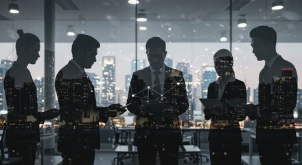 Silhouetted business team meeting in office with city skyline overlay.