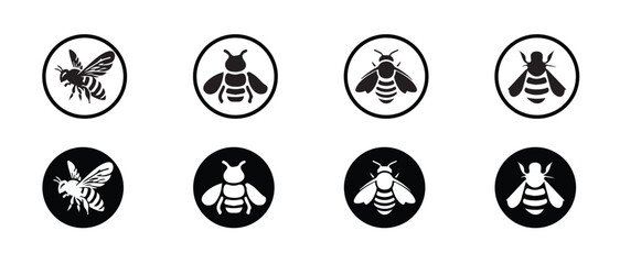 Bee icon set, honeycomb hive symbol, honey bee, bee silhouette, bumble bee drawing, vector illustration EPS 10.