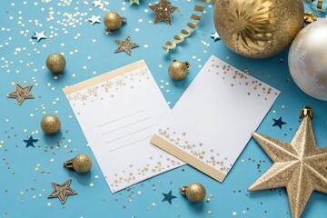 Stylish Blue Christmas background with gold stars, balls, confetti. Elegant Christmas greeting card