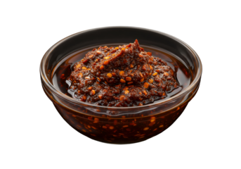 透明なガラスボウルに入った唐辛子油 黒色の背景に配置された鮮やかな赤と茶色のテクスチャ