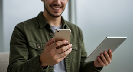 Smiling man holds a phone and a tablet indoors in a casual setting.