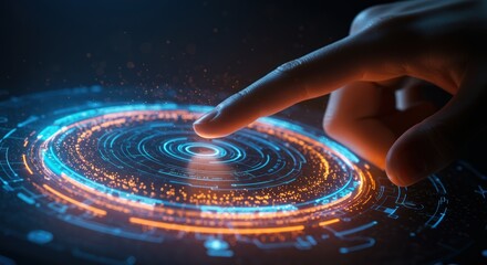 Finger touching a glowing circular interface with abstract digital elements on a dark surface.