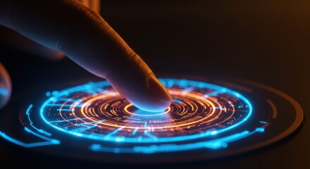 Finger touching a glowing futuristic circular interface with blue and orange light.