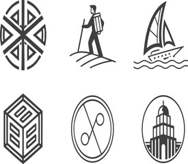 Collection of six minimalist logos featuring geometric shapes, a hiker, a sailboat, and architectural designs