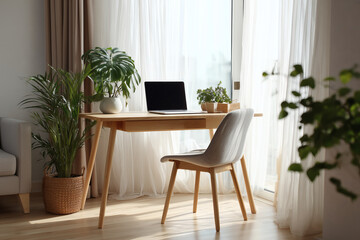 Minimal Home Office Setup in Living Room Corner with Wooden Desk, Laptop, and Natural Light