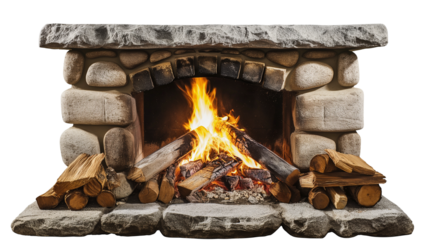 Stone fireplace with burning firewood. Cozy warm fireplace with flames and stacked fire logs. Isolated on transparent background, png