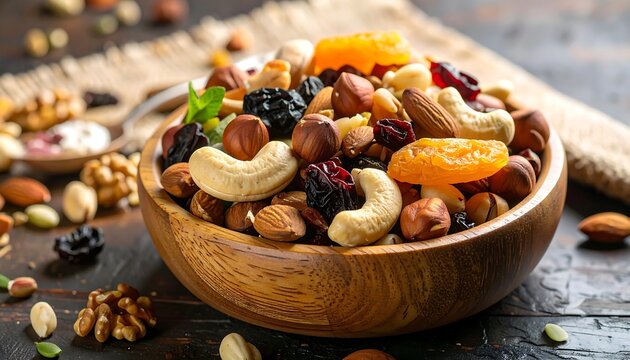 Bowl of mixed nuts and dried fruit