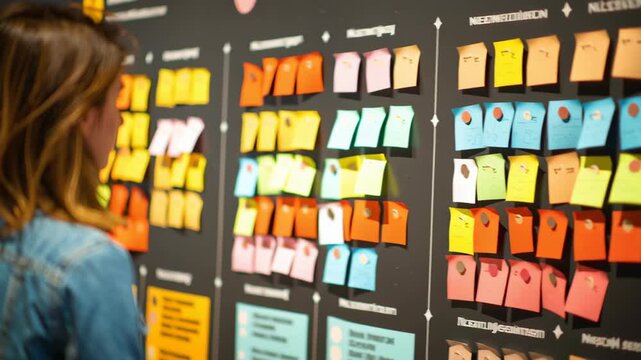 Agile board sticky note project planning workflow kanban brainstorming teamwork colorful office strategy sprint backlog task schedule deadline