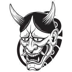 Black and White Japanese Oni Mask Illustration with Horns and Fierce Expression