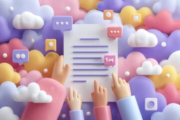 Collaborative representation with vibrant elements and hands reaching for a document