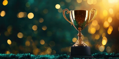 Triumphant glowing trophy bathed in stage light on a deep emerald velvet base, with drifting gold bokeh