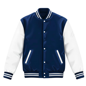 Classic navy and white varsity letterman jacket for style white background