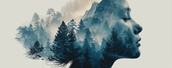 Double exposure portrait with forest and mountain blending