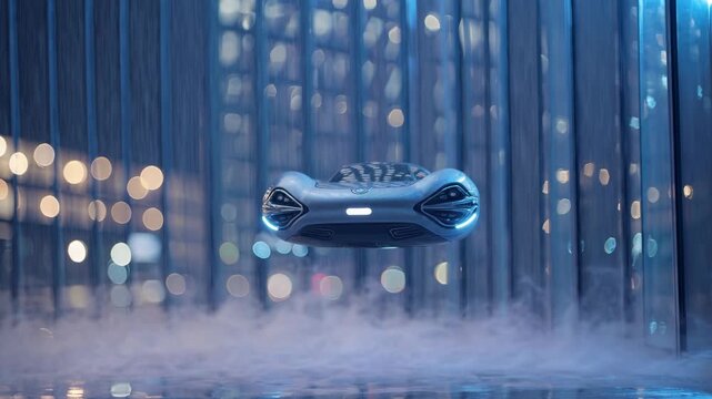 Futuristic Hover Car Gliding in a Cityscape at Night Amidst Mystical Fog, Enhanced by Shallow Depth of Field for a Dreamlike Atmosphere