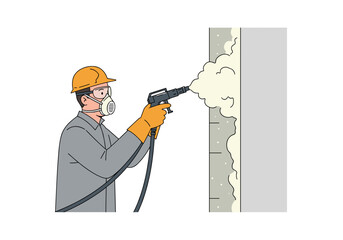 Worker spraying insulation foam on wall in protective gear  