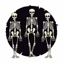 Three Dancing Skeletons — Spooky Cartoon Bones with Dark Circle Background for Halloween and Gothic Art