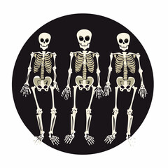 Three Skeletons Against Dark Circle — Spooky Cartoon Bone Figures for Halloween and Gothic Artwork