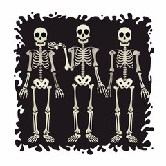 Three Skeletons on Black Background — Spooky Cartoon Bones for Halloween Art and Gothic Design