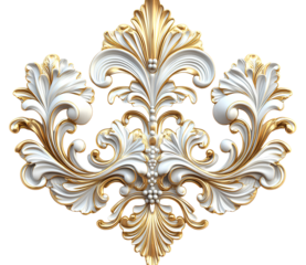3d baroque ornament, in golden and white colors, isolated on a transparent background.