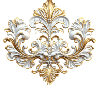 3d baroque ornament, in golden and white colors, isolated on a transparent background.