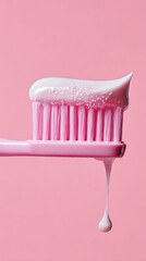 A vibrant pink toothbrush holds a perfect dollop of white toothpaste, positioned against a clean, glossy surface, indicating it's time for a refreshing morning dental care routine